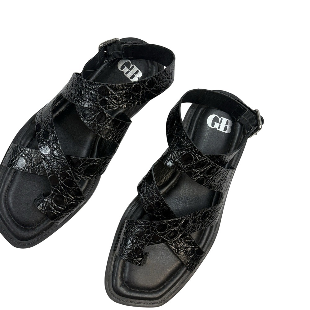Gianni Bini Back-Stage Black Croc Embossed Leather Toe Ring Flat Sandals Size 8 - Picture 4 of 7